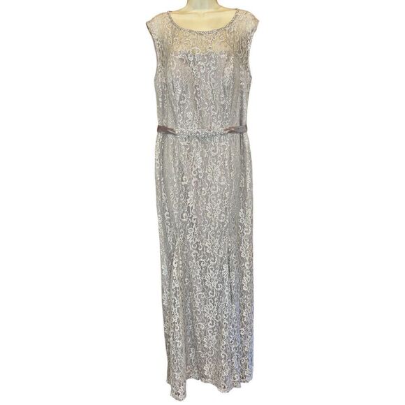 Betsy & Adam Silver Lace Dress with Belt NWT Size 14W